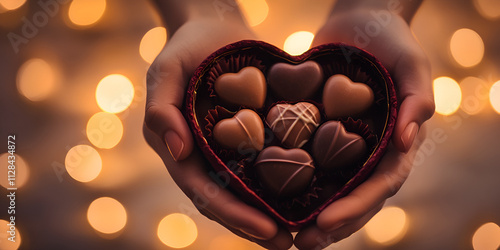 Hands Holding Heart Shaped Box of Chocolates with Bokeh Lights
