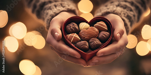 Hands Holding Heart Shaped Box of Chocolates with Bokeh Lights