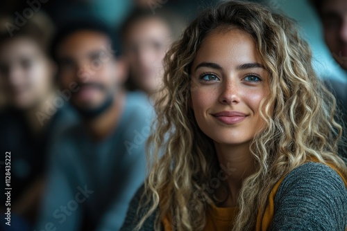 Young woman with curly hair smiles confidently, other people blurred in background.