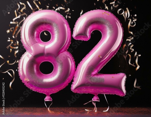 Pink birthday / anniversary balloon, number 82, black background with confetti photo