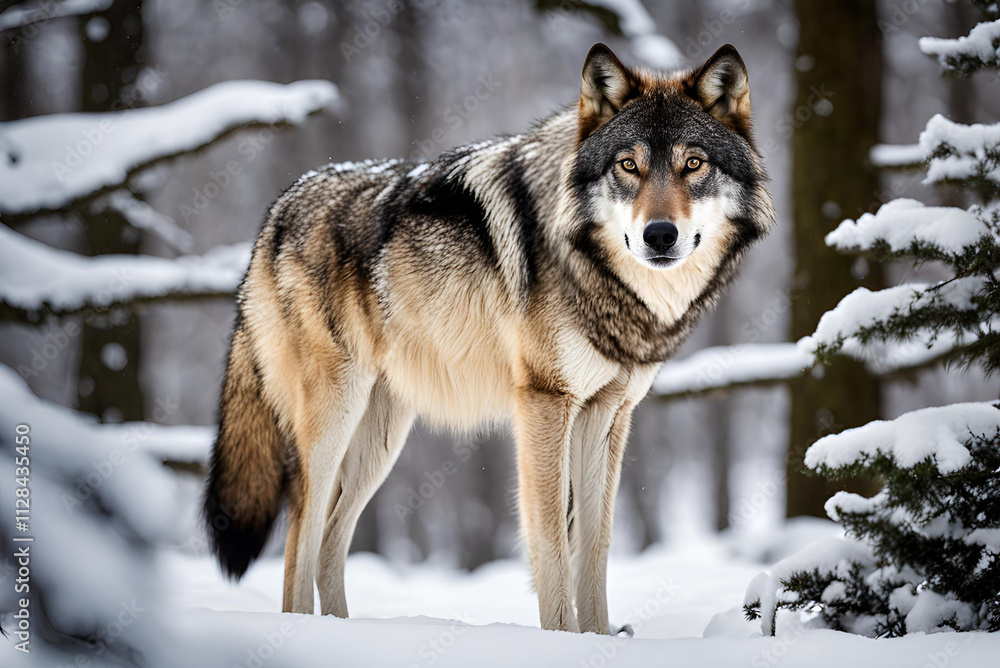 A grey wolf (Canis lupus) stands between trees, looking up to the right in a winter scene. A grey wolf (Canis lupus) stands between trees, looking up to the right in a winter scene.