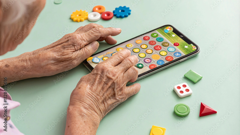 elderly person using smartphone with colorful buttons and toys nearby, showcasing engagement and interaction elderly person using smartphone with colorful buttons and toys nearby, showcasing engagement and interaction