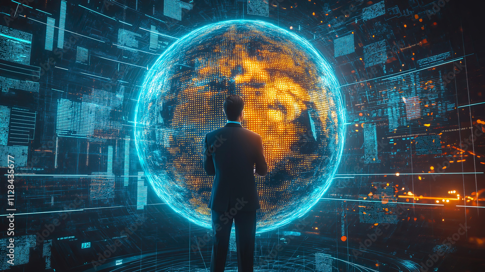 A businessman holding a glowing globe. The concept of global connectivity, innovative business approaches, and strategic digital marketing. Generative AI. A businessman holding a glowing globe. The concept of global connectivity, innovative business approaches, and strategic digital marketing. Generative AI.