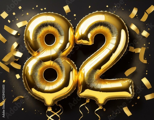 Gold birthday / anniversary balloon, number 82, black background with confetti photo