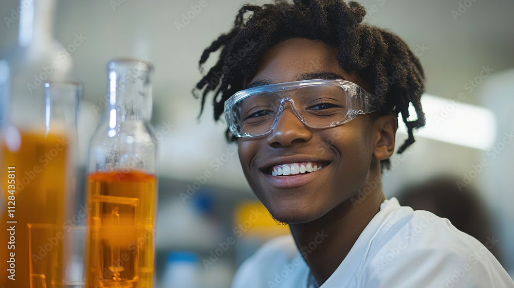 Young scientist smiles confidently while conducting experiments in a chemistry lab during a school session. Generative AI Young scientist smiles confidently while conducting experiments in a chemistry lab during a school session. Generative AI