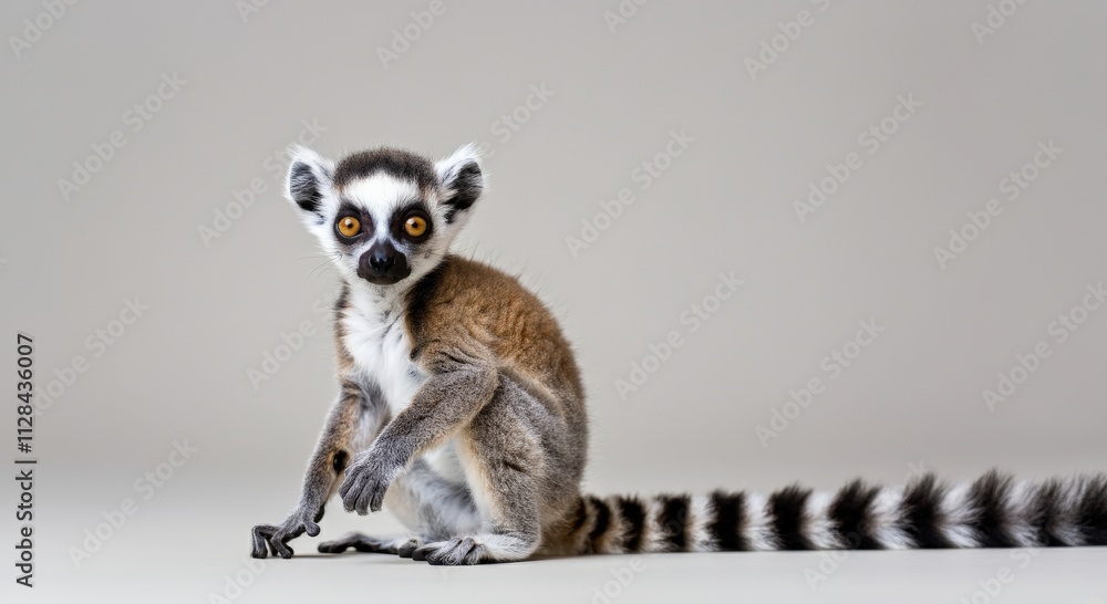 Obraz premium Curious lemur sitting on neutral background for wildlife conservation awareness
