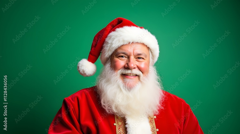 Naklejka premium Jolly Santa Claus smiles warmly against a festive green backdrop. His white beard and red suit radiate Christmas cheer.