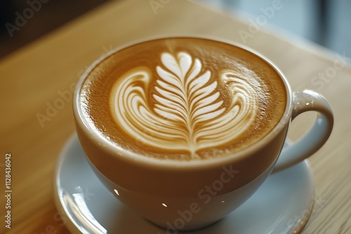 Latte art in a white cup, creamy foam. Perfect for coffee shop menus or blogs.