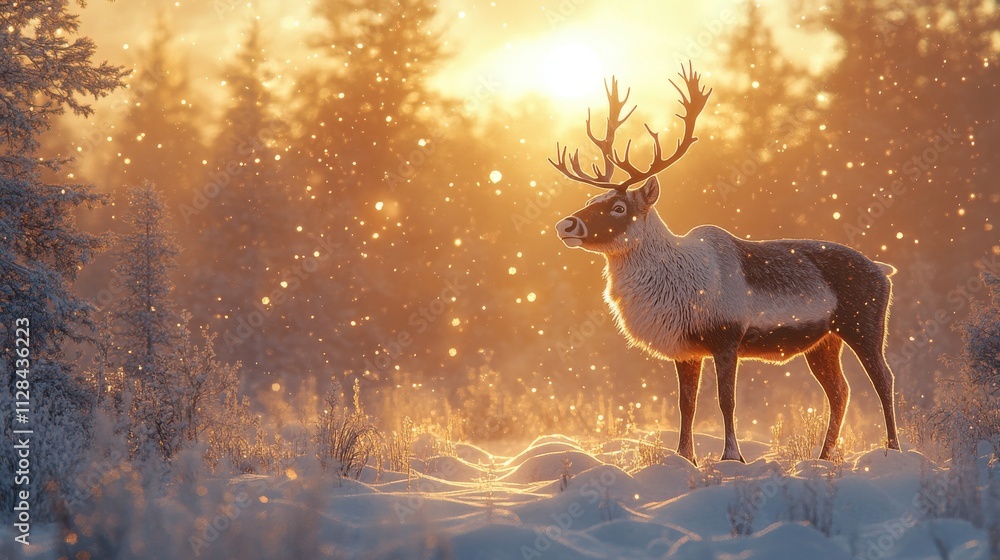 digital composite of reindeer in snowy forest with fir trees and snow digital composite of reindeer in snowy forest with fir trees and snow