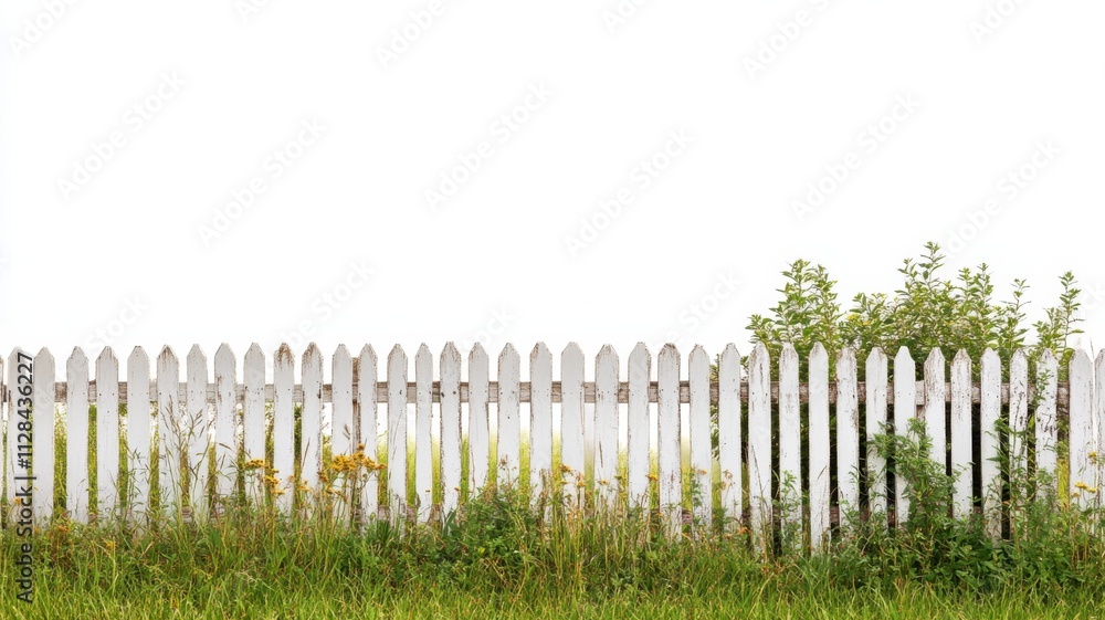 Obraz premium Tranquil garden fence suburban backyard photography natural setting wide angle serenity and growth, isolated on white background