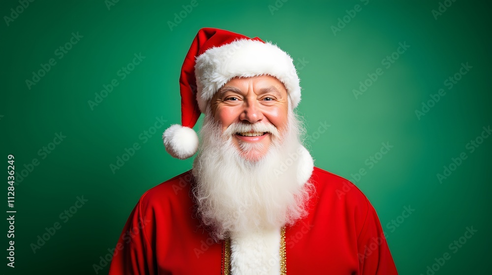 Naklejka premium Smiling Santa Claus against a festive green backdrop. Joyful Christmas spirit captured in this heartwarming image.