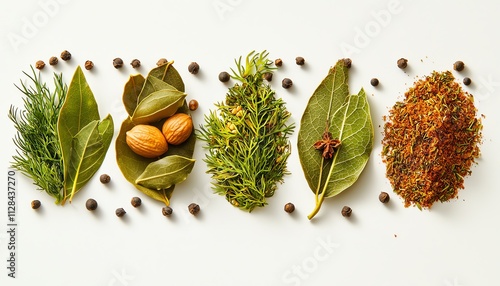 Assorted herbs, spices, and nuts on a white isolated background. photo