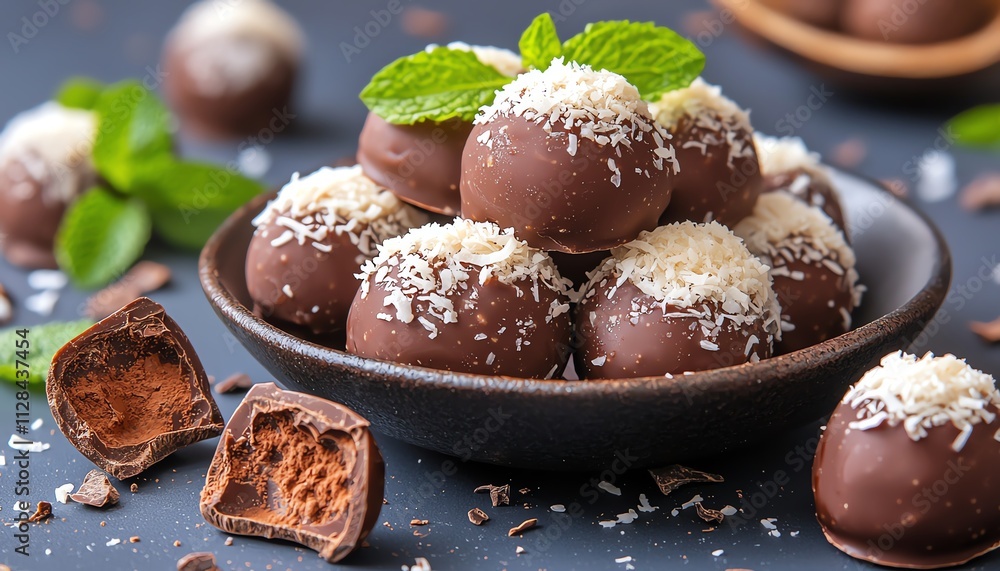 Chocolate truffles topped with coconut and mint leaves on a dark background. Chocolate truffles topped with coconut and mint leaves on a dark background.