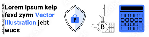 Shield with lock, cryptocurrency circuit, and calculator. Ideal for finance, cybersecurity, online transactions, accounting, tech guides, financial apps, educational content Landing page