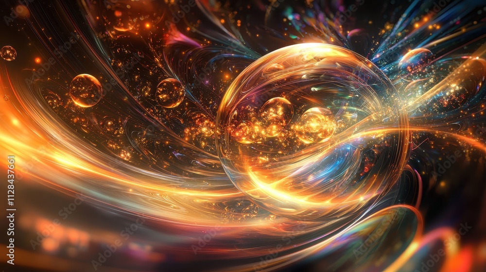 Obraz premium Abstract swirling energy and glowing bubbles creating a vibrant and colorful cosmic scene with dynamic light effects and intricate patterns