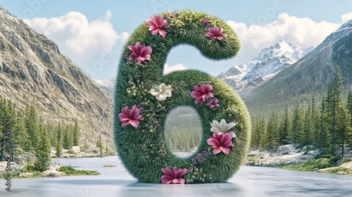 Nature inspired number six adorned with flowers and grass in a serene mountain landscape during daytime photo