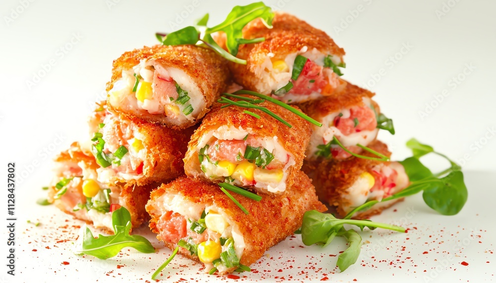 Crunchy seafood rolls stacked high with fresh ingredients on a white background. Crunchy seafood rolls stacked high with fresh ingredients on a white background.