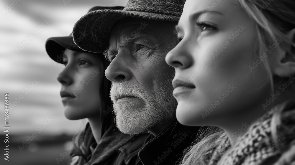 Timeless Black and White Portrait Photography of Multigenerational Familiy looking ahead