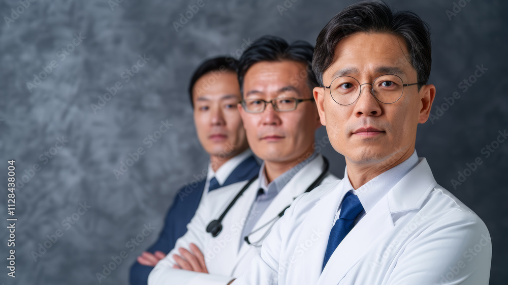Fototapeta premium Three confident japanese doctors in white coats posing together against a neutral background in a professional setting
