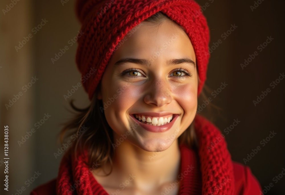 A young woman with a warm smile, wearing a red knitted hat and scarf. A young woman with a warm smile, wearing a red knitted hat and scarf.
