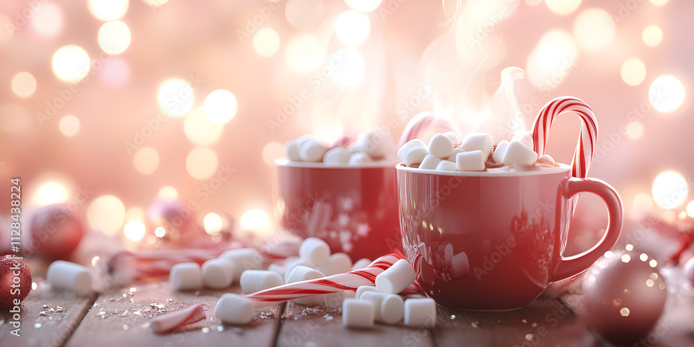 Hot Chocolate with Marshmallows and Candy Canes in Festive Setting Hot Chocolate with Marshmallows and Candy Canes in Festive Setting