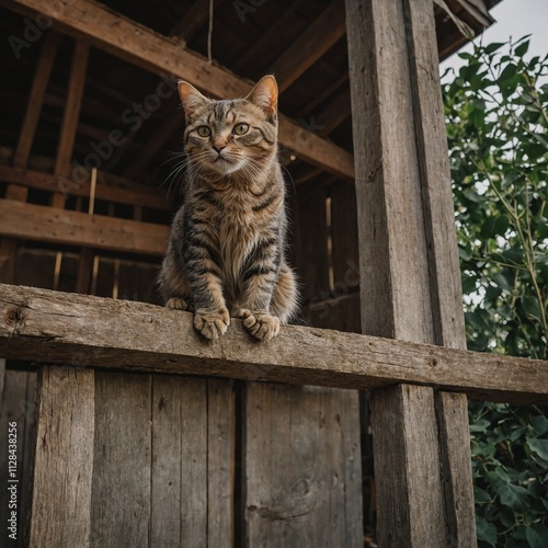 A curious cat climbing the beams of a barn-style house.