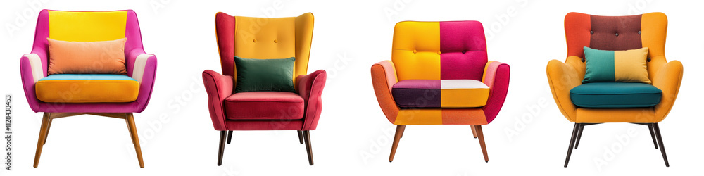 Fototapeta premium Vibrant and bold mid century modern style armchair with an oversized plush design featuring a combination of retro patterns and textures for a cozy and sophisticated living space