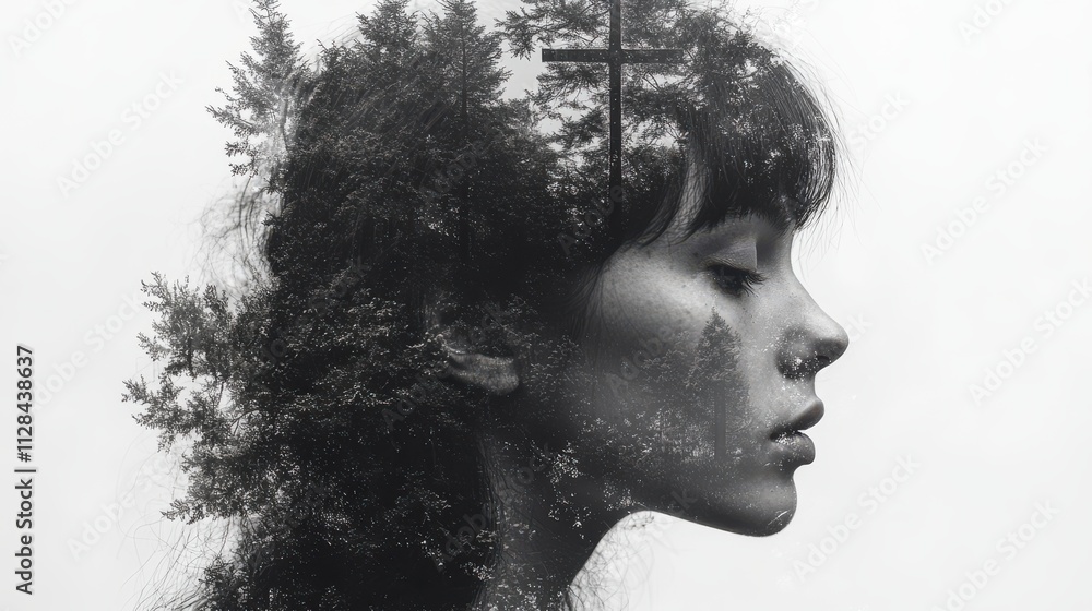 double exposure of a woman with a cross and trees on her head monochrome image double exposure of a woman with a cross and trees on her head monochrome image