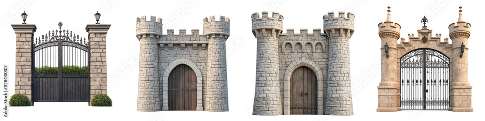 Fototapeta premium Impressive medieval castle gate with ornate gothic architectural details towers turrets and spires surrounded by high stone walls representing historic landmark and architectural heritage