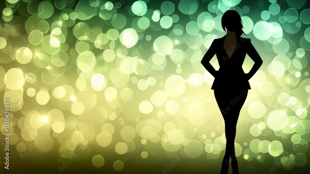Silhouette of a Confident Businesswoman on a Sparkling Green and Yellow Bokeh Background Silhouette of a Confident Businesswoman on a Sparkling Green and Yellow Bokeh Background