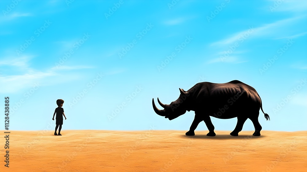 Obraz premium A Silhouette of a Child and a Rhinoceros in a Desert Landscape Under a Bright Blue Sky at Sunset, Evoking Themes of Nature and Wildlife Conservation