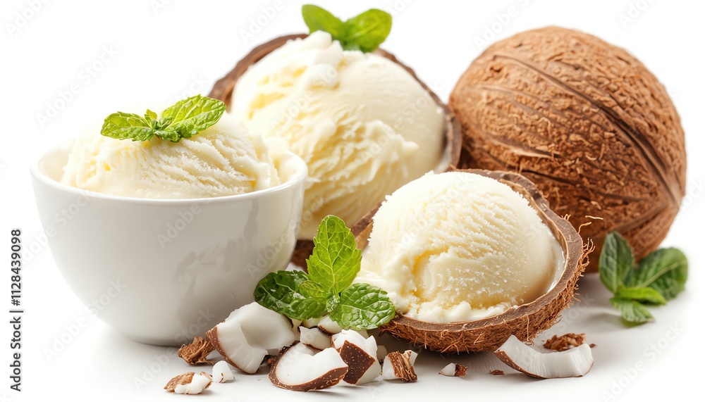 Delicious coconut ice cream served in a bowl with mint leaves and coconut chunks. Delicious coconut ice cream served in a bowl with mint leaves and coconut chunks.