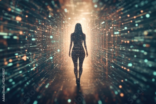 Abstract image of a female head, from which come numerous colorful particles or cubes