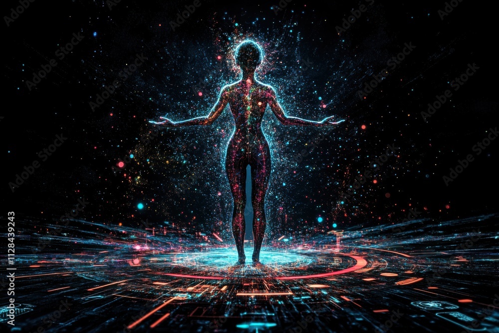 Fototapeta premium An abstract female figure, composed of a multitude of connected points and lines. 