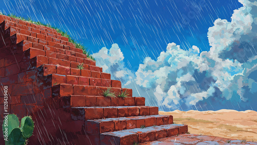 Desert brick stairs. Illustrations that look like a scene from an anime or game background. Blue sky, sun, clouds, sunset, night, fog, snow, rain, autumn, etc. photo