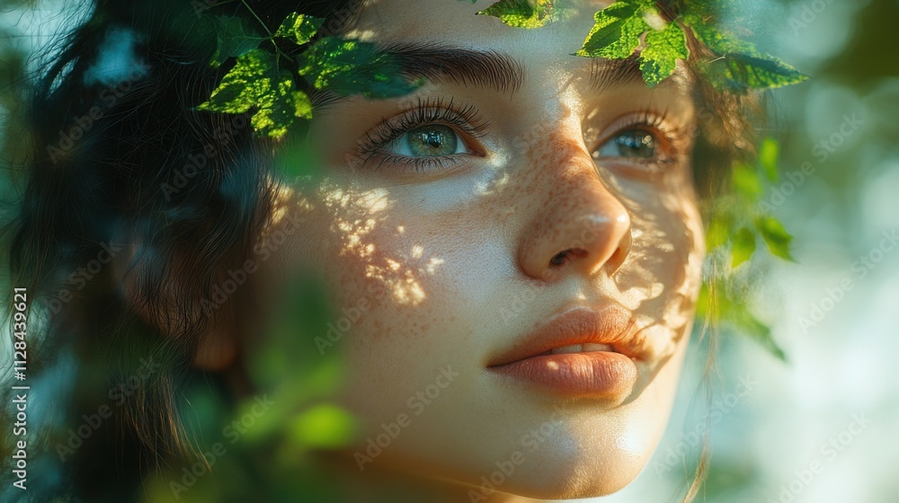 double exposure of young woman with green leaves in her hair in the forest double exposure of young woman with green leaves in her hair in the forest