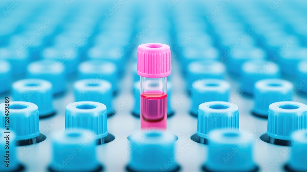 Obraz premium A vibrant image featuring a pink-capped vial surrounded by numerous blue caps, highlighting a laboratory or medical setting.