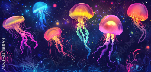 Glowing jellyfish floating in a dark sea, vibrant neon colors, mysterious and surreal atmosphere, ethereal and magical vibe