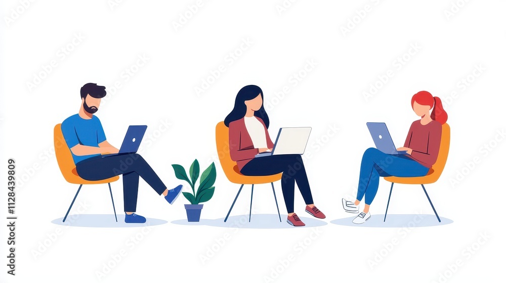 Three Diverse People Collaborating in a Modern Office Setting While Using Laptops and Sitting in Stylish Chairs with a Small Potted Plant for a Bright Environment Three Diverse People Collaborating in a Modern Office Setting While Using Laptops and Sitting in Stylish Chairs with a Small Potted Plant for a Bright Environment