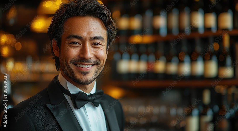 Smiling man in tuxedo at wine bar. Smiling man in tuxedo at wine bar.