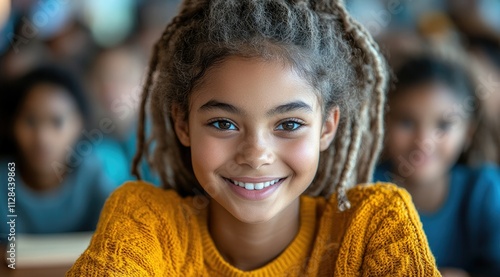 Smiling girl with dreadlocks in classroom.