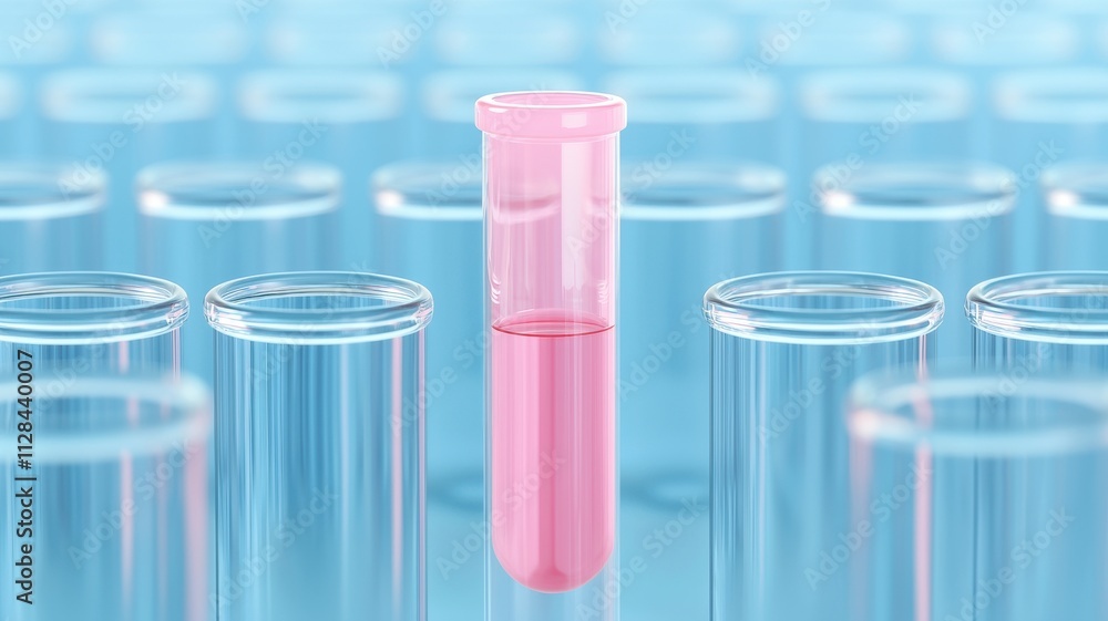 A single pink test tube stands out among clear ones, symbolizing scientific research and experimentation in a laboratory setting. A single pink test tube stands out among clear ones, symbolizing scientific research and experimentation in a laboratory setting.