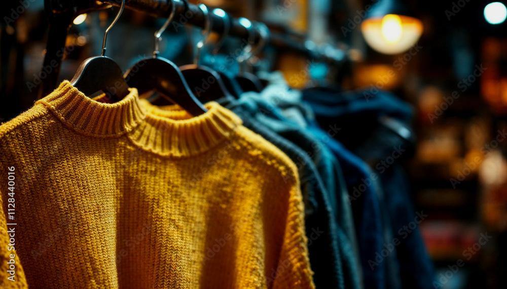 A close-up view of a bright yellow knitted sweater or jumper hanging on a clothing rack in a store A close-up view of a bright yellow knitted sweater or jumper hanging on a clothing rack in a store