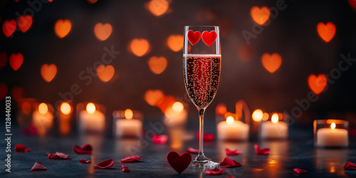 Romantic Candlelit Champagne Glass with Heart Decorations