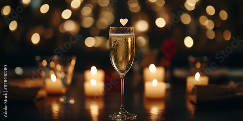 Romantic Candlelit Champagne Glass with Heart Decorations