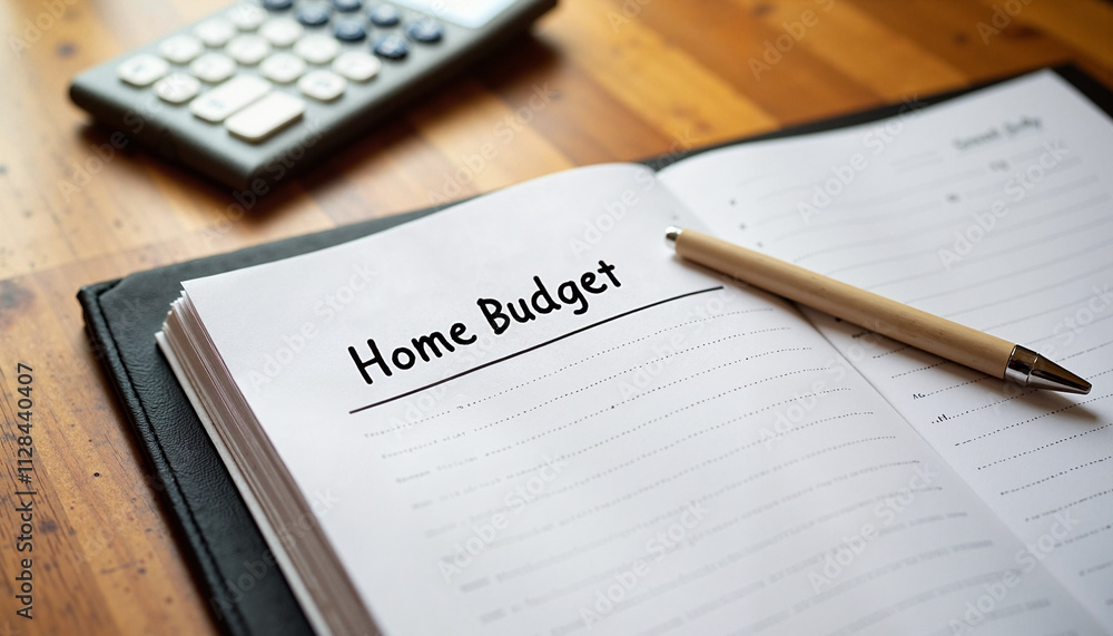 Home budget notebook with calculator and pen on wooden table Home budget notebook with calculator and pen on wooden table