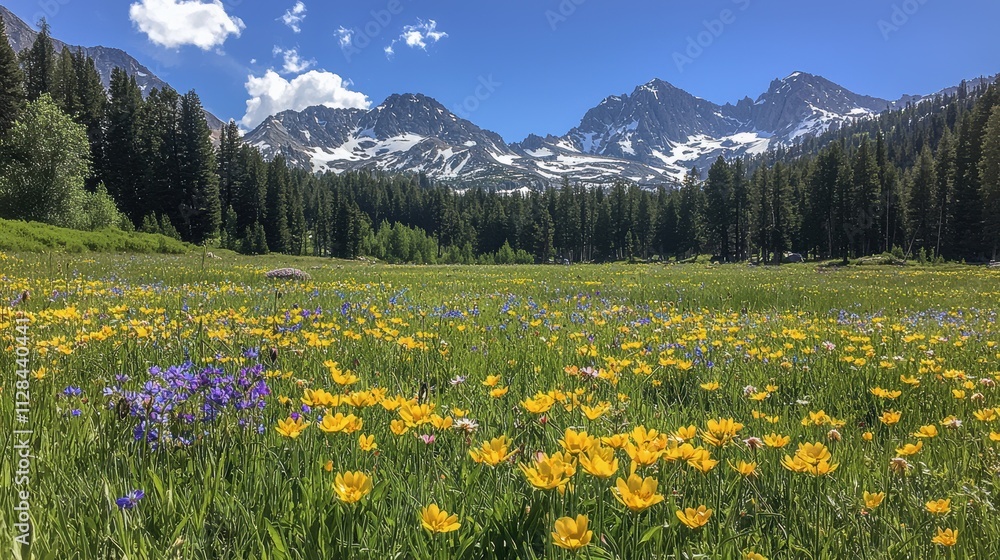 Obraz premium A serene alpine meadow dotted with wildflowers under a deep blue sky. Snow-capped mountains tower in the background, adding a majestic contrast to the vibrant foreground. 
