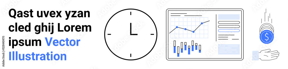 Clock, bar graph, line chart, notebook, hand with falling money, text section. Ideal for financial analysis, business efficiency, productivity, data visualization, time management, revenue growth Clock, bar graph, line chart, notebook, hand with falling money, text section. Ideal for financial analysis, business efficiency, productivity, data visualization, time management, revenue growth