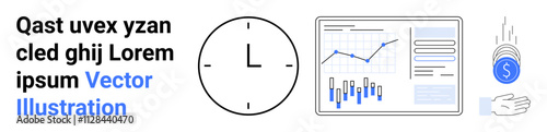 Clock, bar graph, line chart, notebook, hand with falling money, text section. Ideal for financial analysis, business efficiency, productivity, data visualization, time management, revenue growth