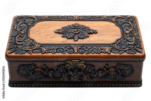 Beautifully crafted wooden box with intricate floral designs for jewelry storage or decoration purposes photo